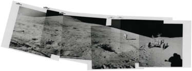 Panoramic views [Mosaics] at St George Crater’s station 2: David Scott examining a rock near the Lunar Rover; Hadley Canyon and Mount Hadley, July 26-August 7, 1971, EVA 1