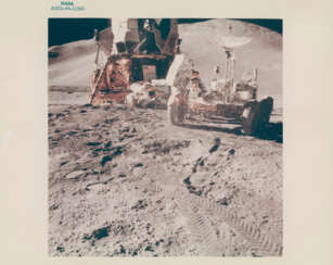Portrait of the LM Falcon, James Irwin and the Rover in front of Mount Hadley Delta; views of experiments at the lunar-science station, July 26-August 7, 1971, EVA 1
