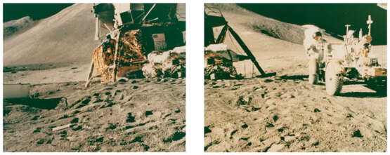 Diptych of James Irwin at the Hadley Apennine landing site; portrait of the LM Falcon, Irwin and the Rover in front of St George Crater, July 26-August 7, 1971, EVA 1 - photo 1
