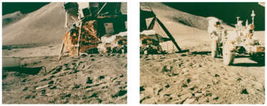 Diptych of James Irwin at the Hadley Apennine landing site; portrait of the LM Falcon, Irwin and the Rover in front of St George Crater, July 26-August 7, 1971, EVA 1