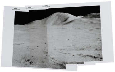 Panoramic view [Mosaic] of Mount Hadley with rover tracks coming from the landing site, viewed from the Apennine Front’s station 6, July 26-August 7, 1971, EVA 2