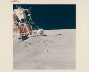 The significant tilt of the LM Falcon; the LM with David Scott and the Rover beyond; the majestic Mount Hadley; the descent engine of the LM, July 26-August 7, 1971, EVA 2