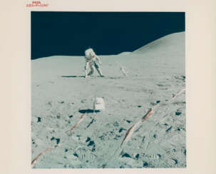 Views at the lunar-science station: David Scott leaning; panoramic view; the lunar-science station; James Irwin bending over; the Rover, July 26-August 7, 1971, EVA 2