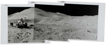 Panoramic view [Mosaic] with David Scott and the Rover in front of Mount Hadley Delta and Hadley Canyon at station 9A, July 26-August 7, 1971, EVA 3