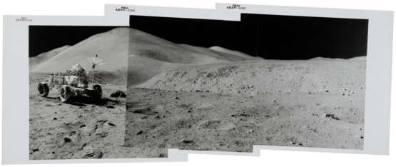 Panoramic view [Mosaic] with David Scott and the Rover in front of Mount Hadley Delta and Hadley Canyon at station 9A, July 26-August 7, 1971, EVA 3 - photo 1