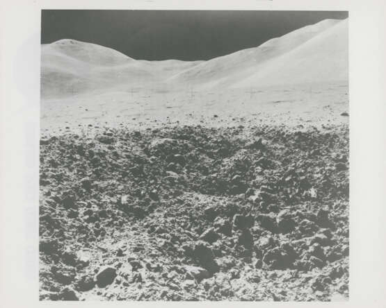 Views at station 9: James Irwin at the Rover; remarkable rock seen on the way; Fresh Crater; the Rover; geological investigations, July 26-August 7, 1971, EVA 3 - фото 5