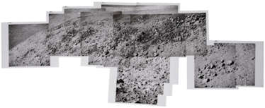 Telephoto panorama [Mosaic] of the far wall of Hadley Canyon showing the “Trophy Point” promontory dividing the two arms of the rille, station 10, July 26-August 7, 1971, EVA 3