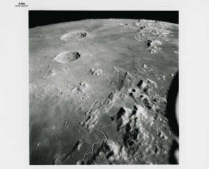 Hadley-Apennine landing site; Crater Proclus; Crater Paracelsus at the terminator, taken by Fairchild metric camera; vertical view of the landing site, July 26-August 7, 1971