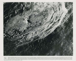 Enlarged views taken by Itek panoramic camera: Crater Aristarchus; Hadley Apennine landing site; area similar to the “peace” symbol, July 26-August 7, 1971