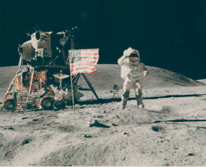 John Young jumping and saluting the American flag; TV picture of the “jumping salute”, April 16-27, 1972, EVA 1