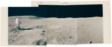 Panoramic view [Mosaic] of Charles Duke exploring the moonscape near Plum Crater, station 1, April 16-27, 1972, EVA 1