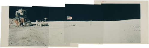 Panoramic view [Mosaic] of the Descartes landing site with the LM Orion, John Young, the Rover, the US flag and the Solar Wind Collector, April 16-27, 1972, EVA 2 - photo 1