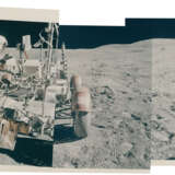 Panoramic view [Mosaic] showing Charles Duke and the Rover with the LM Orion and the US flag in the background, station 10, April 16-27, 1972, EVA 2 - photo 1