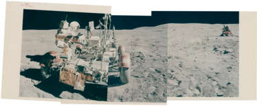 Panoramic view [Mosaic] showing Charles Duke and the Rover with the LM Orion and the US flag in the background, station 10, April 16-27, 1972, EVA 2