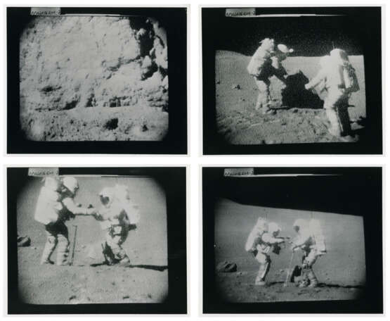 John Young pointing the Rover antenna toward Earth; TV pictures at Wreck Crater; Charles Duke hammering a double core tube, station 8, April 16-27, 1972, EVA 2 - Foto 3