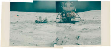Up-Sun panorama [Mosaic] of the Descartes landing site showing the US flag, John Young, the Rover and the LM Orion, April 16-27, 1972, EVA 3