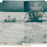 Up-Sun panorama [Mosaic] of the Descartes landing site showing the US flag, John Young, the Rover and the LM Orion, April 16-27, 1972, EVA 3 - photo 1