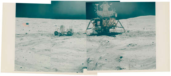 Up-Sun panorama [Mosaic] of the Descartes landing site showing the US flag, John Young, the Rover and the LM Orion, April 16-27, 1972, EVA 3 - фото 1