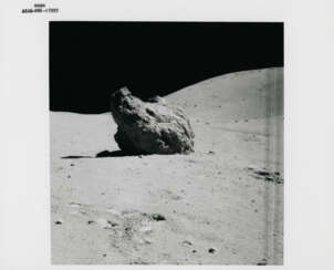 Moonscapes at Shadow Rock; TV pictures; John Young and Charles Duke examining Shadow Rock; Smoky Mountain, station 13, April 16-27, 1972, EVA 3