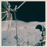 The LM Orion; Rover tracks leading to the landing site; Palmetto Crater, seen during the traverse back from station 13, April 16-27, 1972, EVA 3 - photo 1