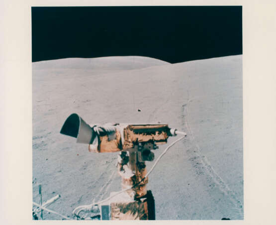The LM Orion; Rover tracks leading to the landing site; Palmetto Crater, seen during the traverse back from station 13, April 16-27, 1972, EVA 3 - фото 3