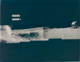 Panorama [Large Format] of the landing site showing John Young in the Rover; lunar Grand Prix at Descartes [Large Format], April 16-27, 1972, EVA 1