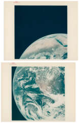 Diptych: Half of the “Blue Marble”; the expended third stage drifting through space; telephotograph of Southern Africa, December 7-19, 1972