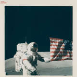 Harrison Schmitt with the Earth above the US flag; portrait of Eugene Cernan holding the US flag, December 7-19, 1972, EVA 1 - photo 3