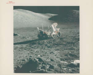 Eugene Cernan and the Rover at the lunar science station; TV picture of Cernan; Geophone Rock, December 7-19, 1972, EVA 1