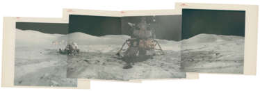Panoramic view [Mosaic] of the Taurus-Littrow landing site with the US flag, Eugene Cernan, the Rover and the LM Challenger, December 7-19, 1972, EVA 3