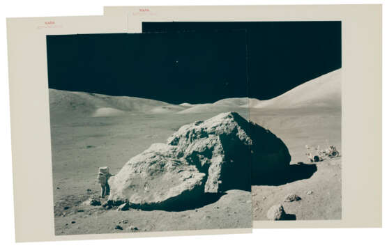 Panoramic view [Mosaic] of Harrison Schmitt, Tracy’s Rock and the Lunar Rover, station 6, December 7-19, 1972, EVA 3 - Foto 1