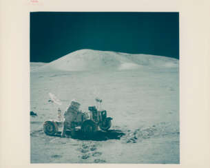 Harrison Schmitt near the Rover; lunarscape; shadow and boulder; diptych of boulder; Schmitt taking samples; summit of the North Massif, station 7, December 7-19, 1972, EVA 3