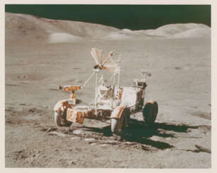 The Lunar Rover; lunarscapes during sunny traverse from station 7; the exotic boulder and geological investigations; Rover tracks, station 8, December 7-19, 1972, EVA 3