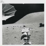 Harrison Schmitt near the Rover; lunarscape; shadow and boulder; diptych of boulder; Schmitt taking samples; summit of the North Massif, station 7, December 7-19, 1972, EVA 3 - photo 3
