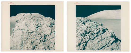 Harrison Schmitt near the Rover; lunarscape; shadow and boulder; diptych of boulder; Schmitt taking samples; summit of the North Massif, station 7, December 7-19, 1972, EVA 3 - photo 7