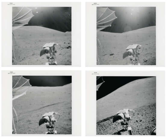 The Lunar Rover; lunarscapes during sunny traverse from station 7; the exotic boulder and geological investigations; Rover tracks, station 8, December 7-19, 1972, EVA 3 - Foto 3