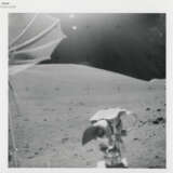 The Lunar Rover; lunarscapes during sunny traverse from station 7; the exotic boulder and geological investigations; Rover tracks, station 8, December 7-19, 1972, EVA 3 - Foto 4