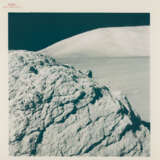 Harrison Schmitt near the Rover; lunarscape; shadow and boulder; diptych of boulder; Schmitt taking samples; summit of the North Massif, station 7, December 7-19, 1972, EVA 3 - фото 10