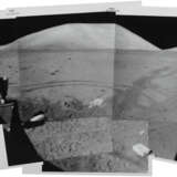 Panoramic view [Mosaic] of the Taurus-Littrow landing site seen from the LM window before liftoff, December 7-19, 1972, post EVA 3 - фото 1