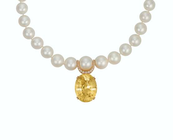 COLORED SAPPHIRE, DIAMOND AND CULTURED PEARL NECKLACE - фото 1