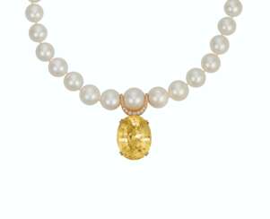 COLORED SAPPHIRE, DIAMOND AND CULTURED PEARL NECKLACE