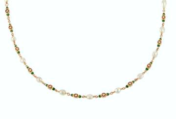 NATURAL PEARL, DIAMOND AND ENAMEL LONGCHAIN NECKLACE