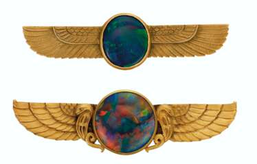 TWO ANTIQUE BLACK OPAL AND GOLD SCARAB BROOCHES