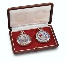 MAGNO, PAIR OF SILVER AND ENAMEL HUNTER CASE KEYLESS LEVER PRESENTATION WATCHES WITH CONSECUTIVE MOVEMENT NUMBERS AND ORIGINAL BOX, MADE TO CELEBRATE THE LOYALTY OF TAIWAN TO SUN YAT-SEN