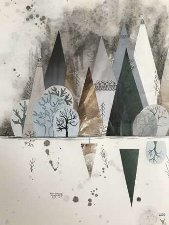 Дождь в лесу Gemischtes Medium Collage Konstruktivismus Landschaftsmalerei 2020 - Foto 3