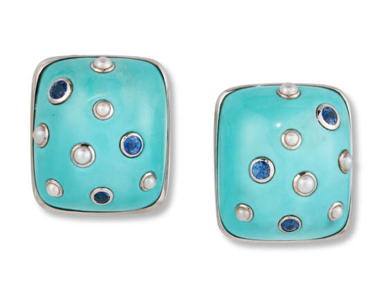 Trianon. TRIANON TURQUOISE, SAPPHIRE AND CULTURED PEARL EARRINGS - photo 1