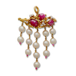CULTURED PEARL, RUBY AND DIAMOND BROOCH/PENDANT