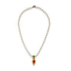 CULTURED PEARL, RUBY, EMERALD AND DIAMOND NECKLACE