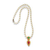 CULTURED PEARL, RUBY, EMERALD AND DIAMOND NECKLACE - фото 2
