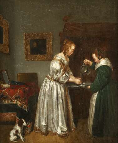 GERARD TERBORCH THE YOUNGER (FOLLOWER OF THE 18TH/19TH CENTURY) 1617 Zwolle - 1681 Deventer INTERIOUR SCENE WITH A YOUNG WOMAN WASHING HER HANDS - photo 1